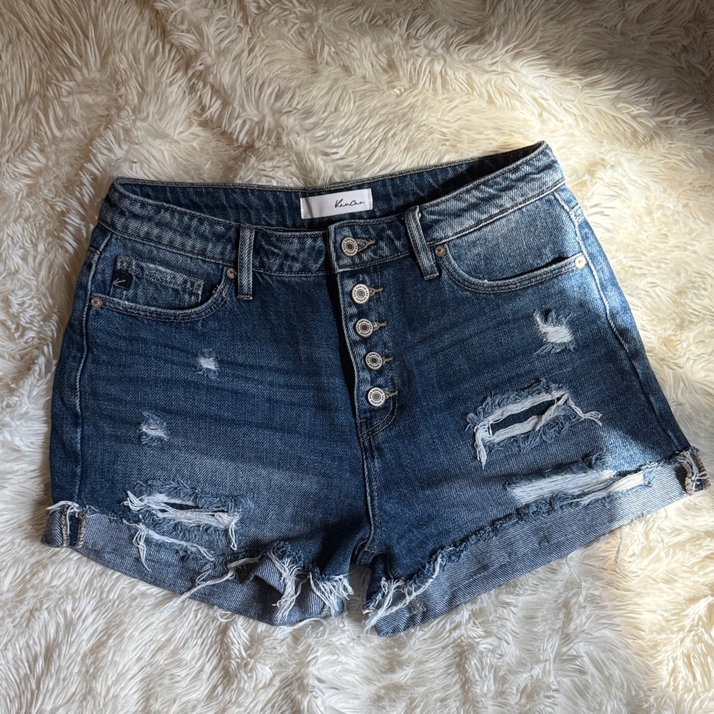KanCan Women's Button-Fly Distressed Jean Shorts - Dark Blue